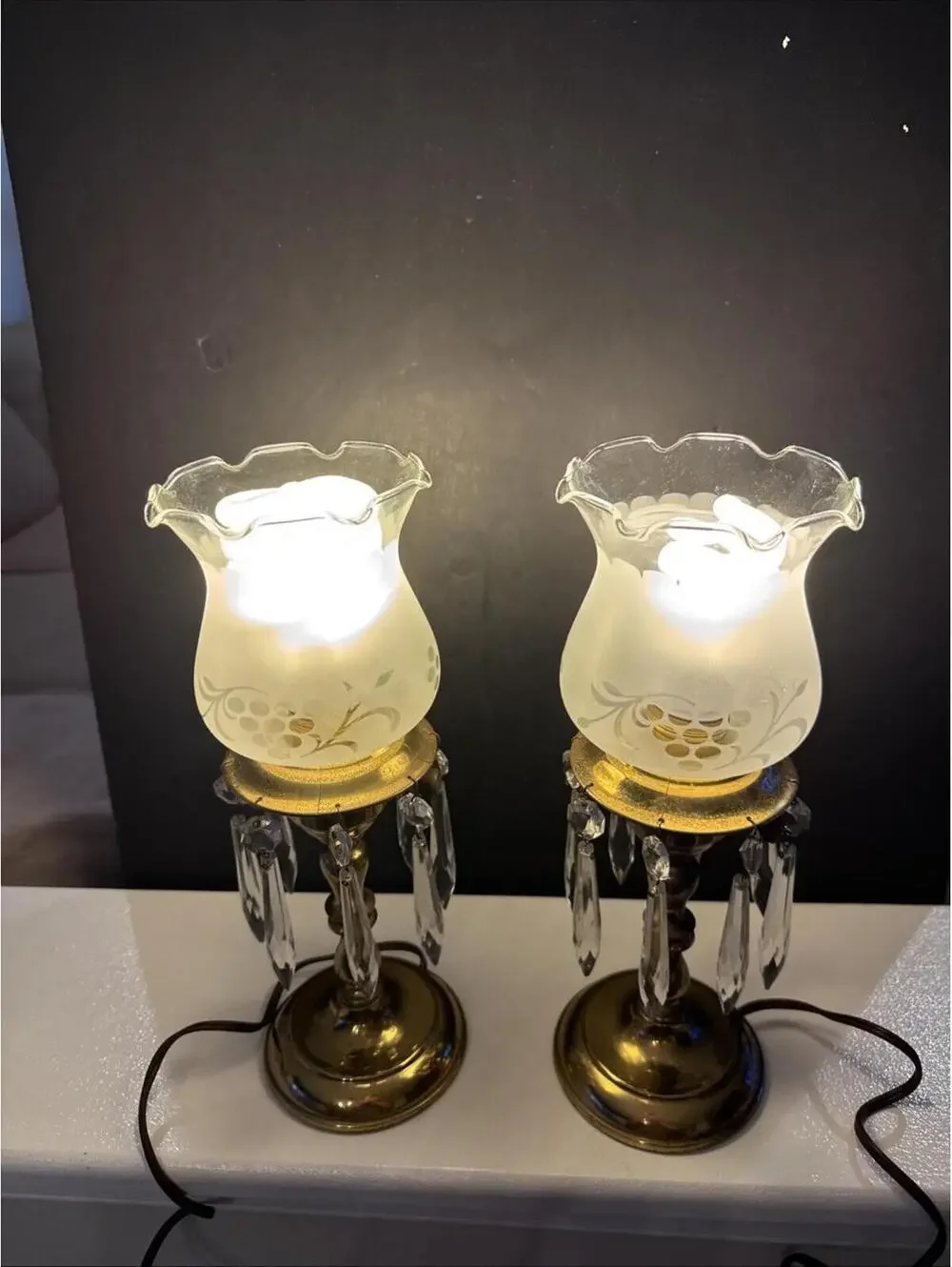 VTG MCM Pair of Electrified Boudoir Brass Hurricane Lamps With Hanging Crystals